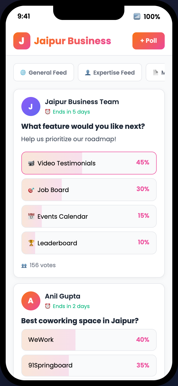 Community polls with voting and results